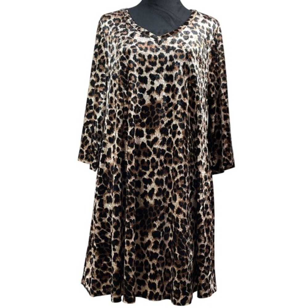 Leopard Print Velvet V-Neck Shift Dress XL Brown Black mob‎ wife fall chic USA